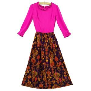 Vintage 1970's HANDMADE MAXI DRESS Neon Hawaiian Crepe & Colorful Flannel Fabric